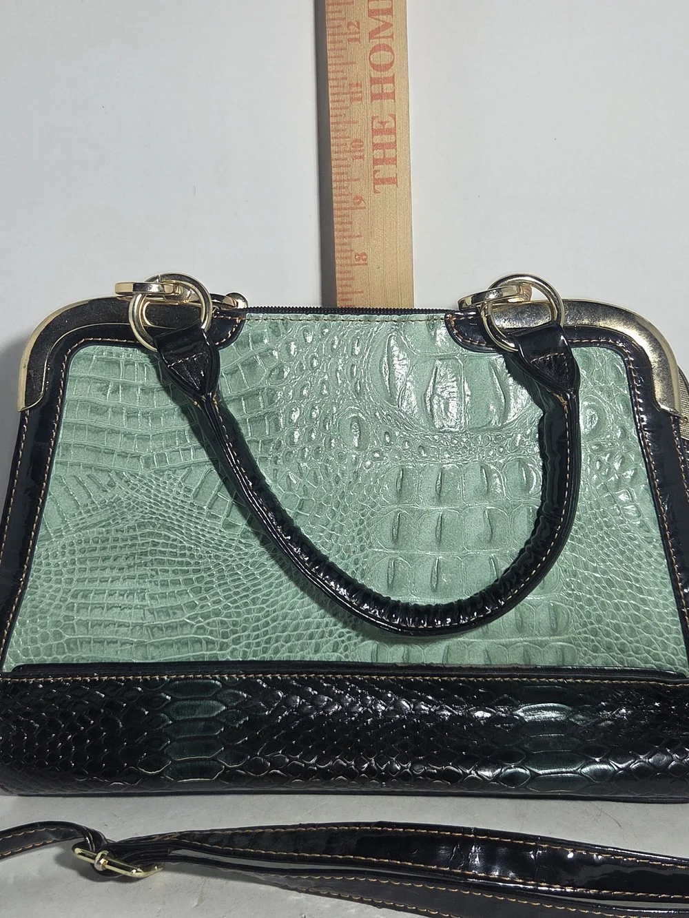 MC Mint Green & Black Faux Crocodile Snakeskin Satchel Crossbody Handbag